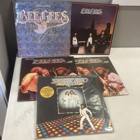 Bee Gees LPs - Main Course L35540, Living Eyes 2394 301, 2 x Bee Gees Live BGL1, Saturday Night Fever Soundtrack 2479200