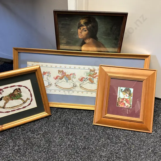 Selection Of Vintage Artwork Including Cross Stitch Etc