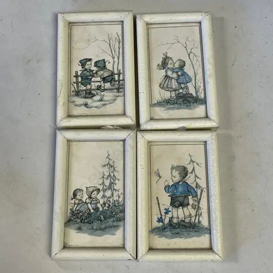 Set of 4 Small hand coloured Childs theme framed prints
