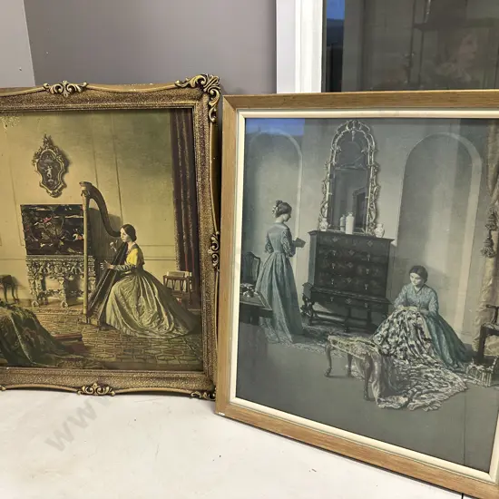 Vintage Framed Artwork Lady Playing Harp And Sewing