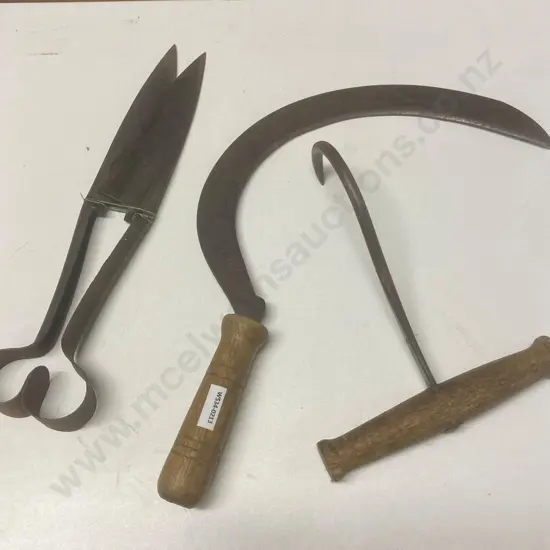 Vintage Antique Burgon & Ball Patent No 294 Sheep Shears, Made in England, Wooden Handle Bale Hook & Scythe