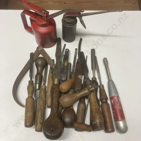 Vintage Oil Cans, Screwdrivers, Chisels Etc
