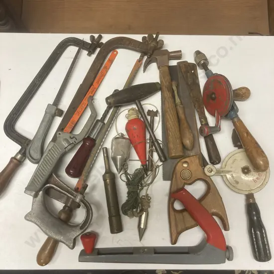 Vintage drills, Hacksaws, Plum Bobs Etc