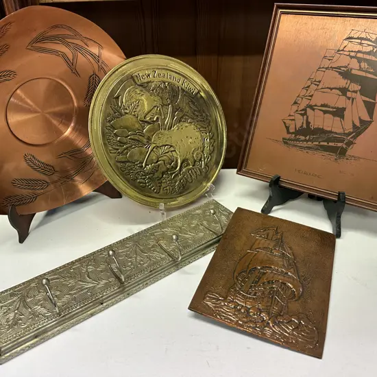 Ship Wall Plaque, Framed Picture, Hook Rack, Vintage Grosvenor  Bowl & Kiwi Brass Plaque