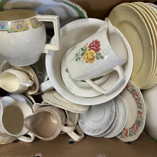 Box Lot China Plates, Jugs Etc