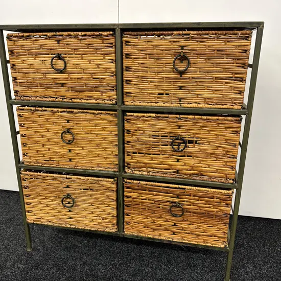 Green Steel Framed 6 Wicker Drawer Unit, Wrought Handles, H79 W72 D29cm