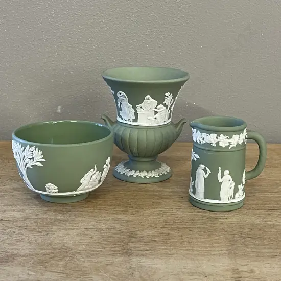Three Wedgwood Green Jasperware items