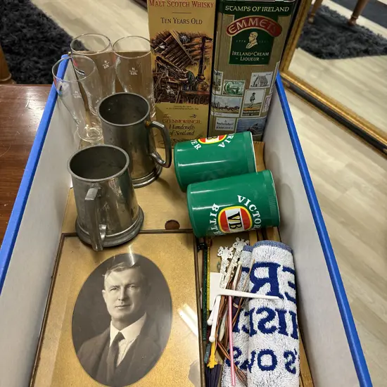 Box lot Barware, Whisky Tin Etc