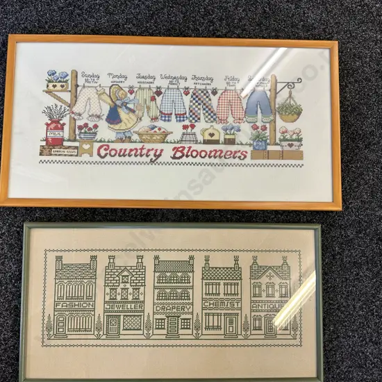 Vintage Framed Artwork x2 Country Bloomers & Shop Front