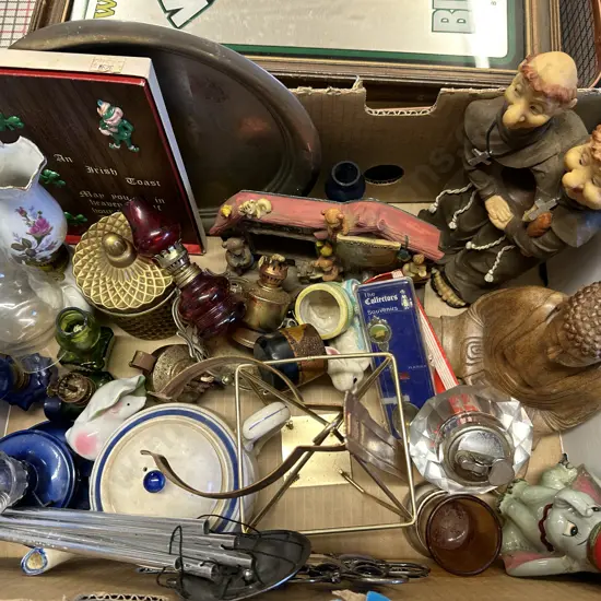 Box Of Assorted Vintage Items Inc Lighter, Candle, Fiqurines Etc