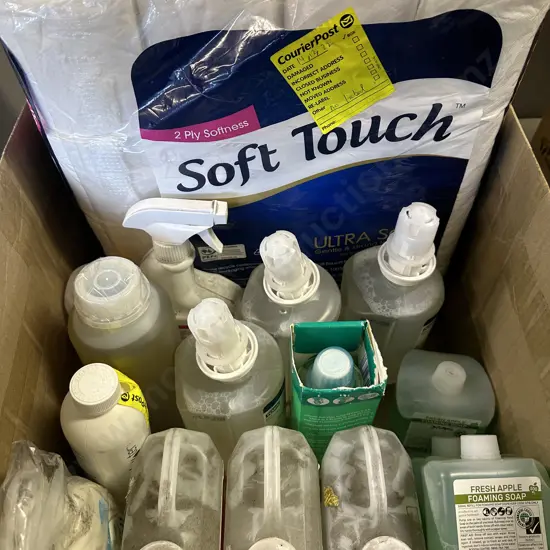 Box Lot Toilet Paper, Assorted Liquid Soaps & Cleaners Etc