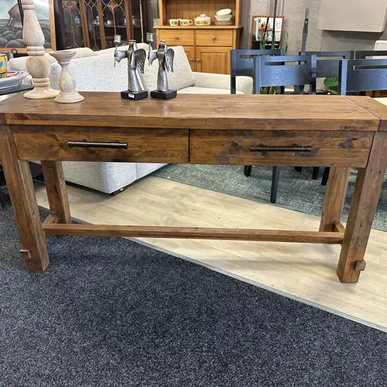 Industrial Console Table, Two Drawers, Wooden With Metal Industrial Handles. H76 W160 D45cm