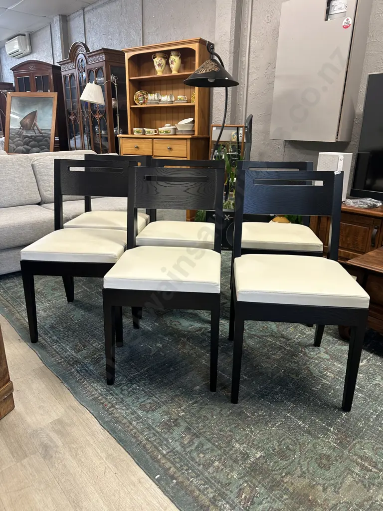 Set of 6 Apartmento Leag Dining Chairs.  White Leather & Solid Oak In A Dark Stain (Retail $1495.00 Each) Image 1++