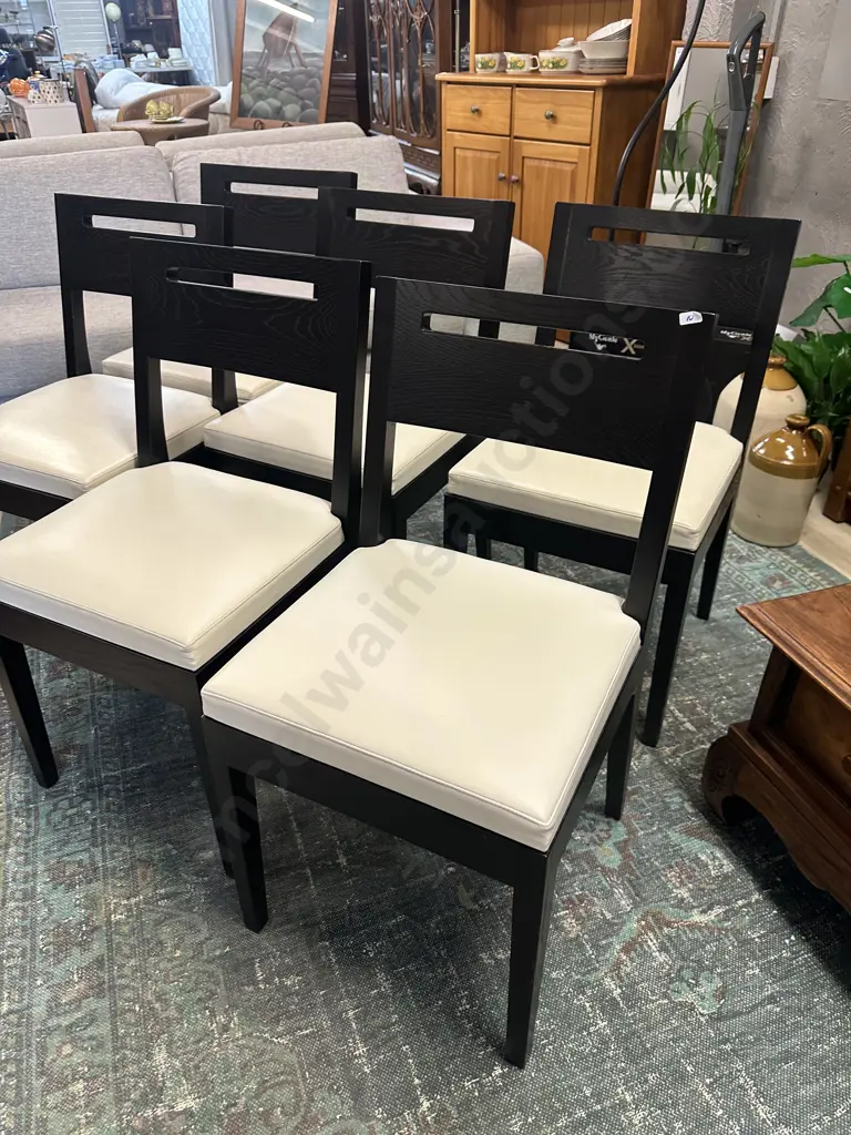 Set of 6 Apartmento Leag Dining Chairs.  White Leather & Solid Oak In A Dark Stain (Retail $1495.00 Each) Image 1++