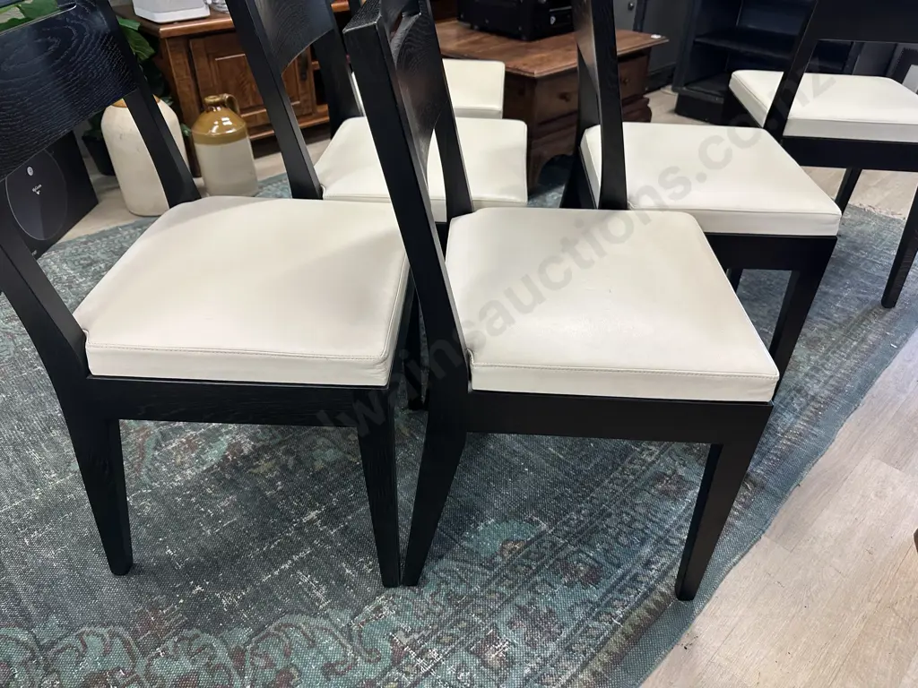 Set of 6 Apartmento Leag Dining Chairs.  White Leather & Solid Oak In A Dark Stain (Retail $1495.00 Each) Image 1++