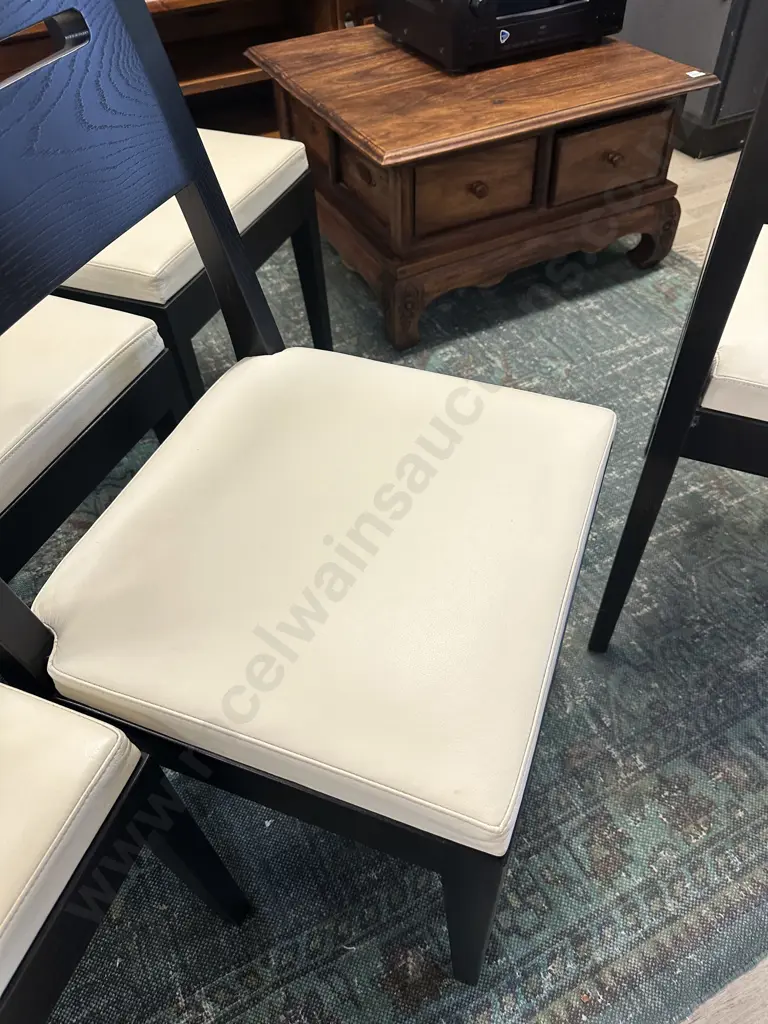 Set of 6 Apartmento Leag Dining Chairs.  White Leather & Solid Oak In A Dark Stain (Retail $1495.00 Each) Image 1++