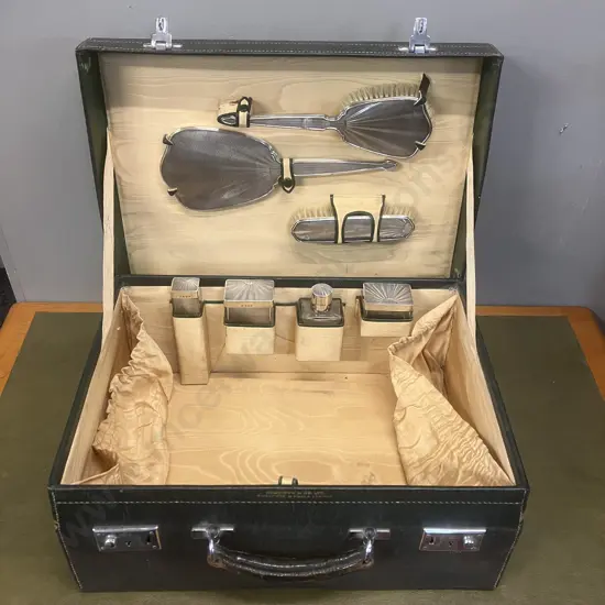 1930's Ladies Fitted Travelling Vanity Case, Sterling Silver Tops & Brushes All Hallmarked Aidie Brothers Ltd Birmingham
