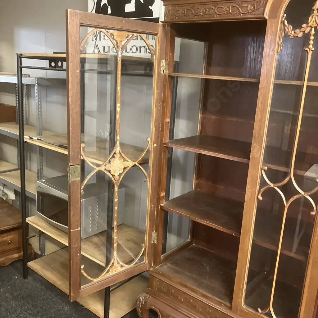 Art Deco Oak Very Ornate Heavily Carved Curio Cabinet / Glazed Bookcase, 2 Fretted Glass Doors, Ball & Claw Feet Image 1++