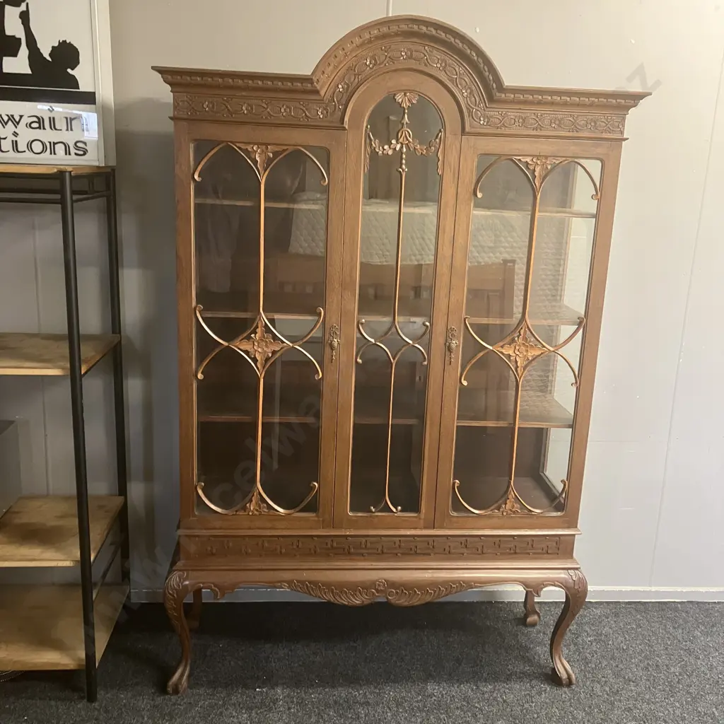Art Deco Oak Very Ornate Heavily Carved Curio Cabinet / Glazed Bookcase, 2 Fretted Glass Doors, Ball & Claw Feet Image 1++