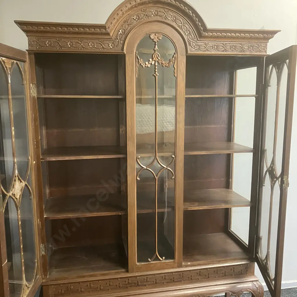Art Deco Oak Very Ornate Heavily Carved Curio Cabinet / Glazed Bookcase, 2 Fretted Glass Doors, Ball & Claw Feet Image 1++
