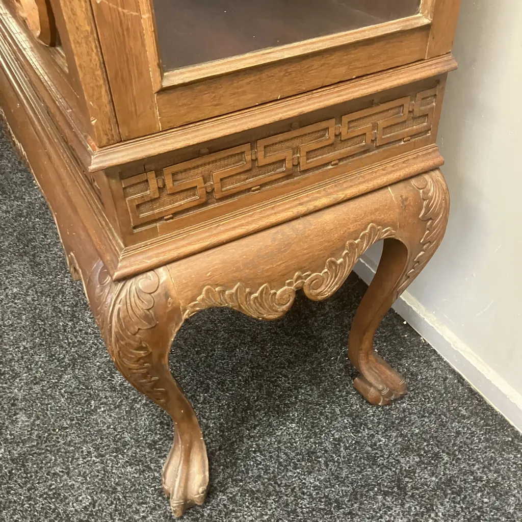 Art Deco Oak Very Ornate Heavily Carved Curio Cabinet / Glazed Bookcase, 2 Fretted Glass Doors, Ball & Claw Feet Image 1++