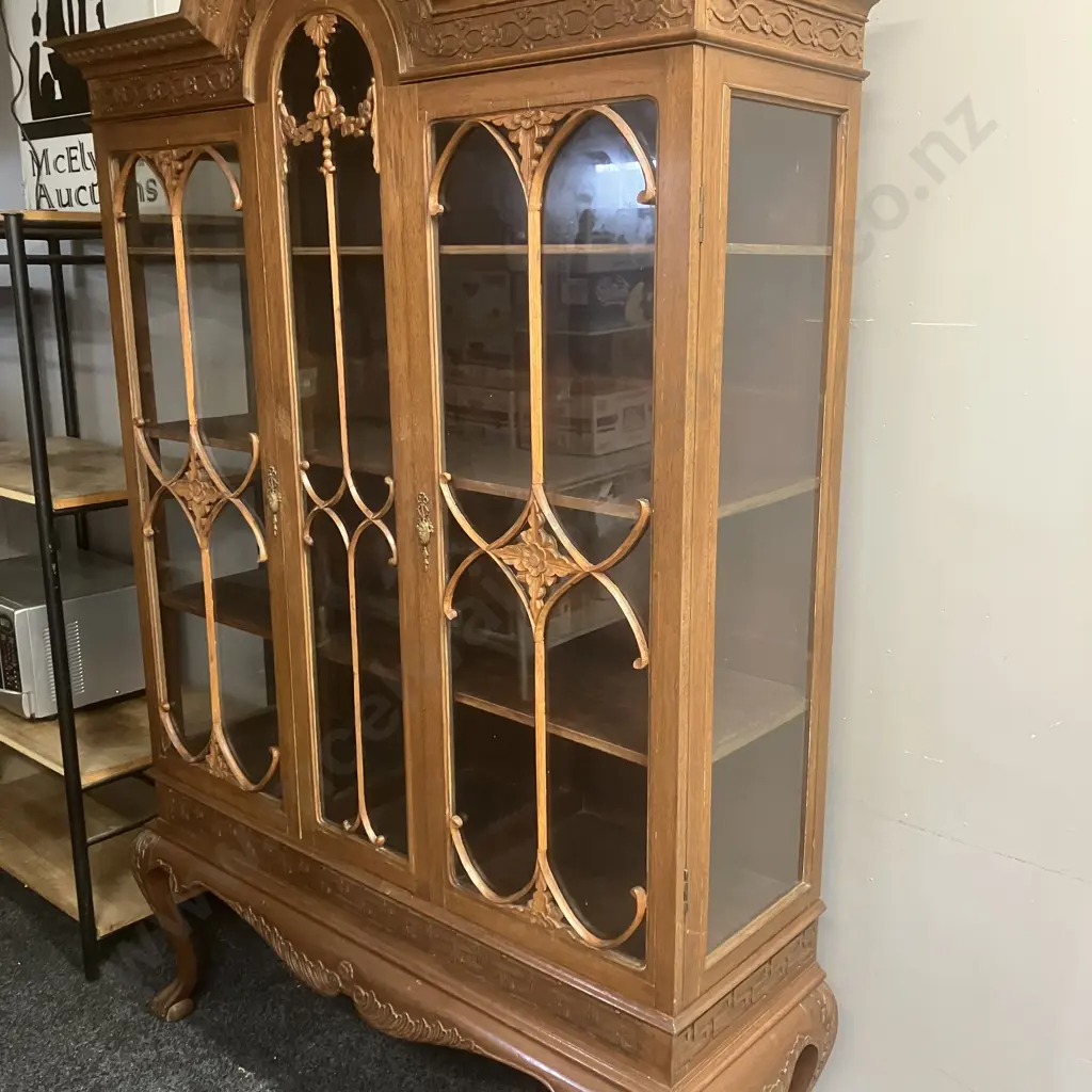 Art Deco Oak Very Ornate Heavily Carved Curio Cabinet / Glazed Bookcase, 2 Fretted Glass Doors, Ball & Claw Feet Image 1++