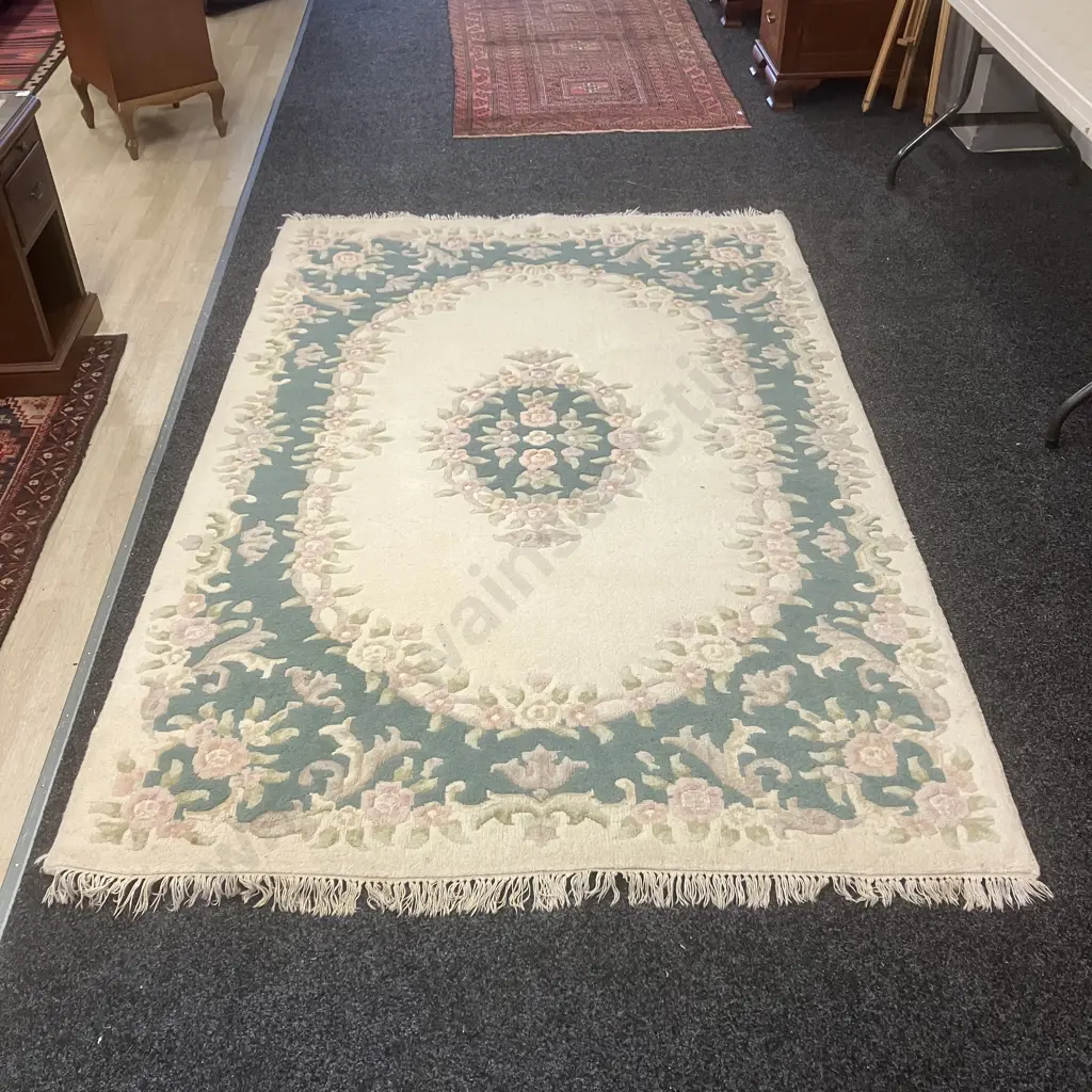 Woollen Floor Rug - 240 x 156cm White / Greens / Burgundy Colours Image 1++