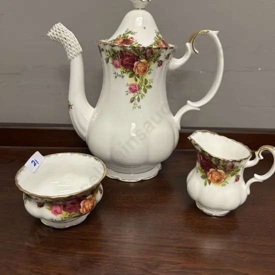 Royal Albert Old Country Roses: Coffee Pot, Milk Jug and Sugar Bowl - Made In England