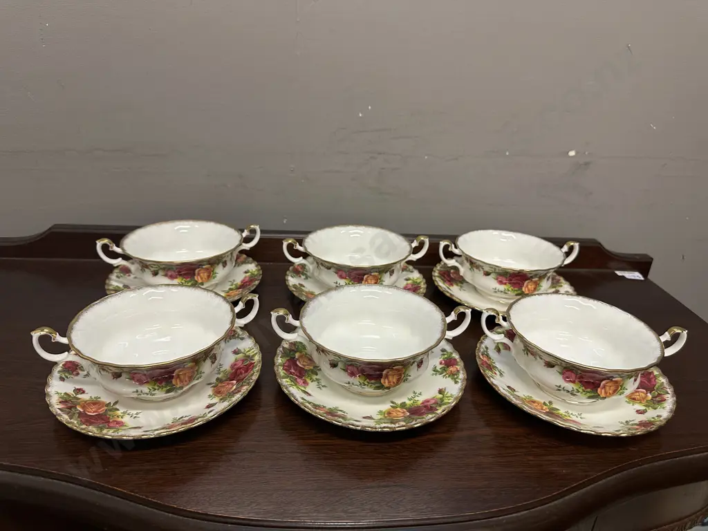 Royal Albert Old Country Roses Set of 6 Double handled Soup Bowl and Underplates - Made In England Image 1++