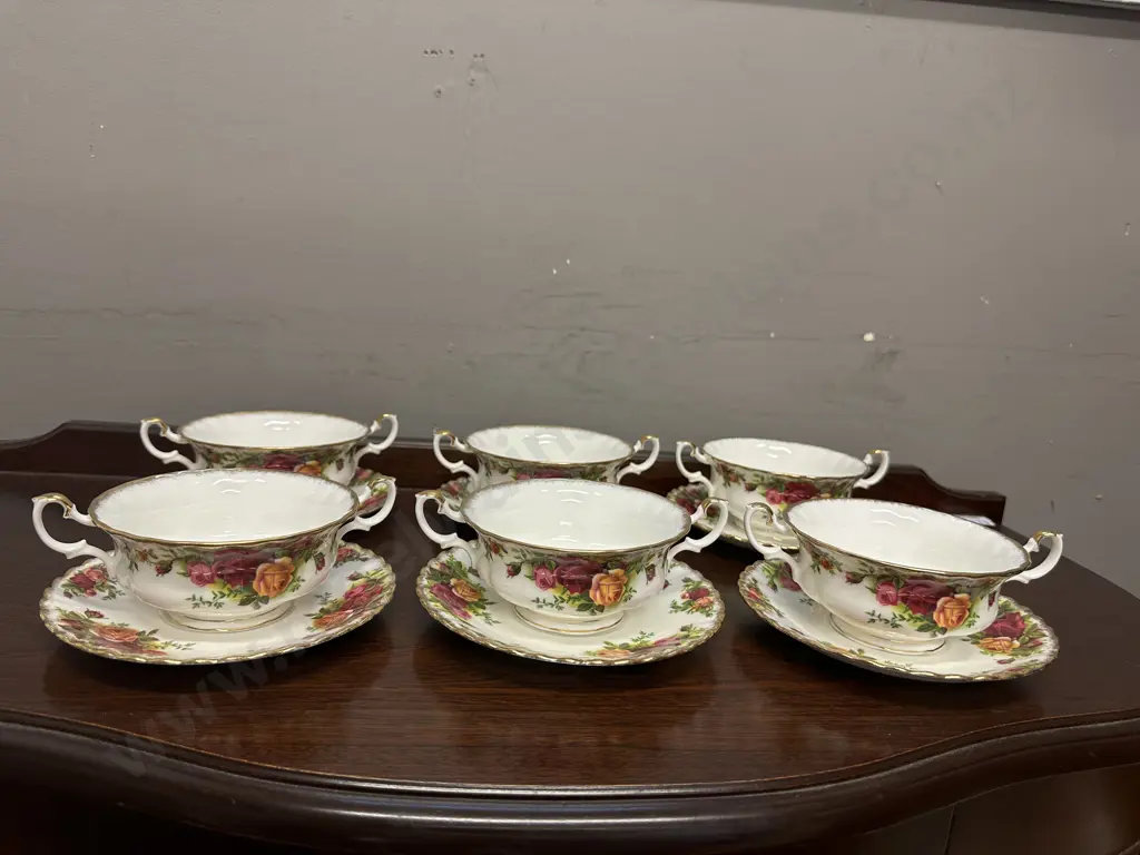 Royal Albert Old Country Roses Set of 6 Double handled Soup Bowl and Underplates - Made In England Image 1++