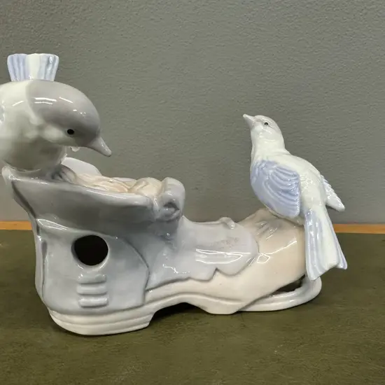Vintage Porcelain Figurine Two Birds Perched On Boot H13.5,W20cm.
