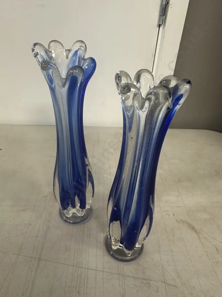 Pair of Mid Century Blue Swung Art Glass Vases Image 1++