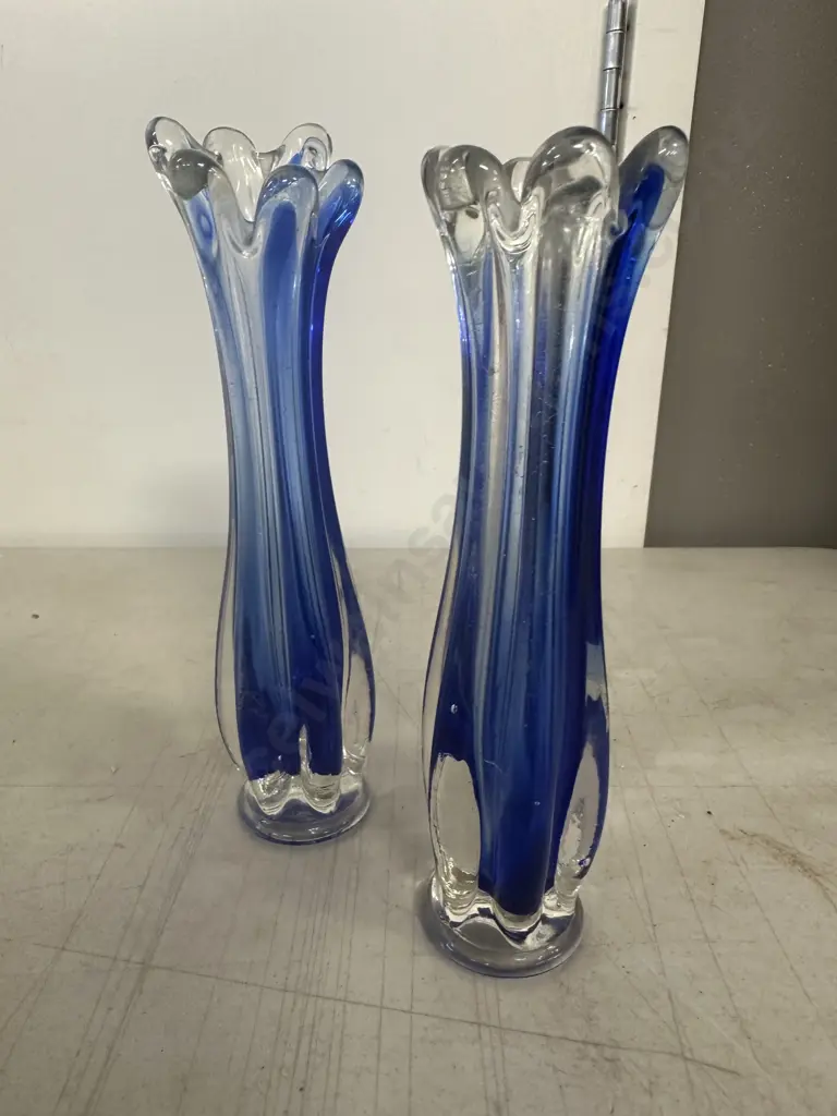 Pair of Mid Century Blue Swung Art Glass Vases Image 1++