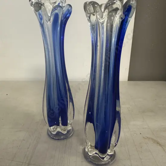Pair of Mid Century Blue Swung Art Glass Vases