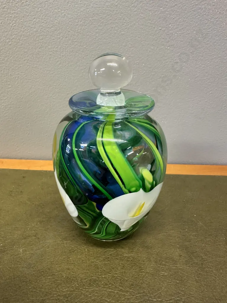 Signed Peter Raos Art Glass Perfume Bottle With Calla Lily Design Image 1++