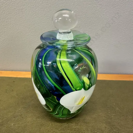 Signed Peter Raos Art Glass Perfume Bottle With Calla Lily Design