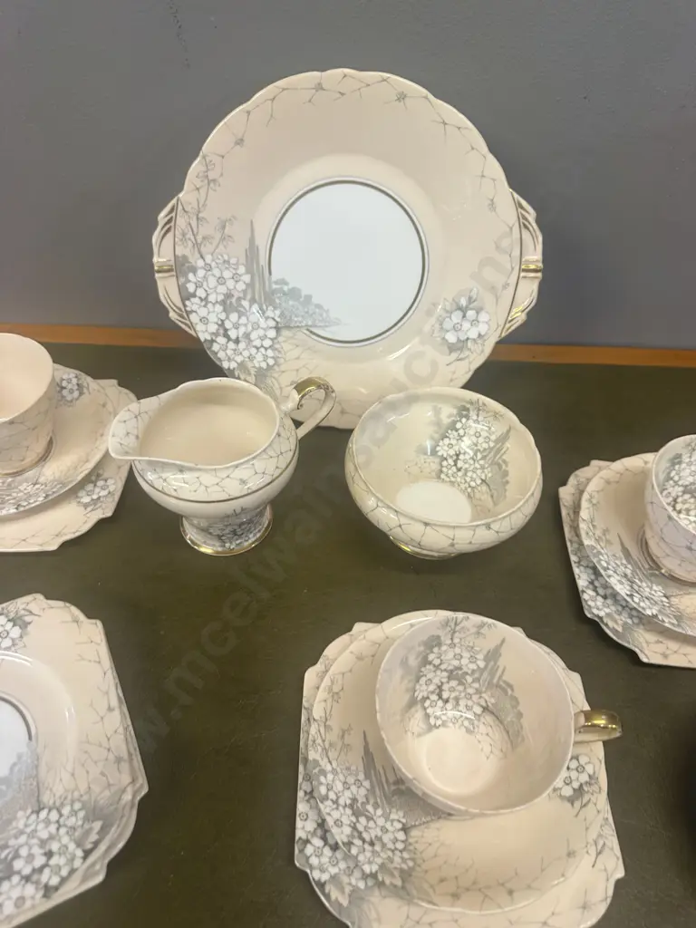Aynsley Art Deco Grey Flower Patterned Teaware Including Trios x3, Cake Plate, Creamer, Sugar Bowl & Extras (as found) Image 1++