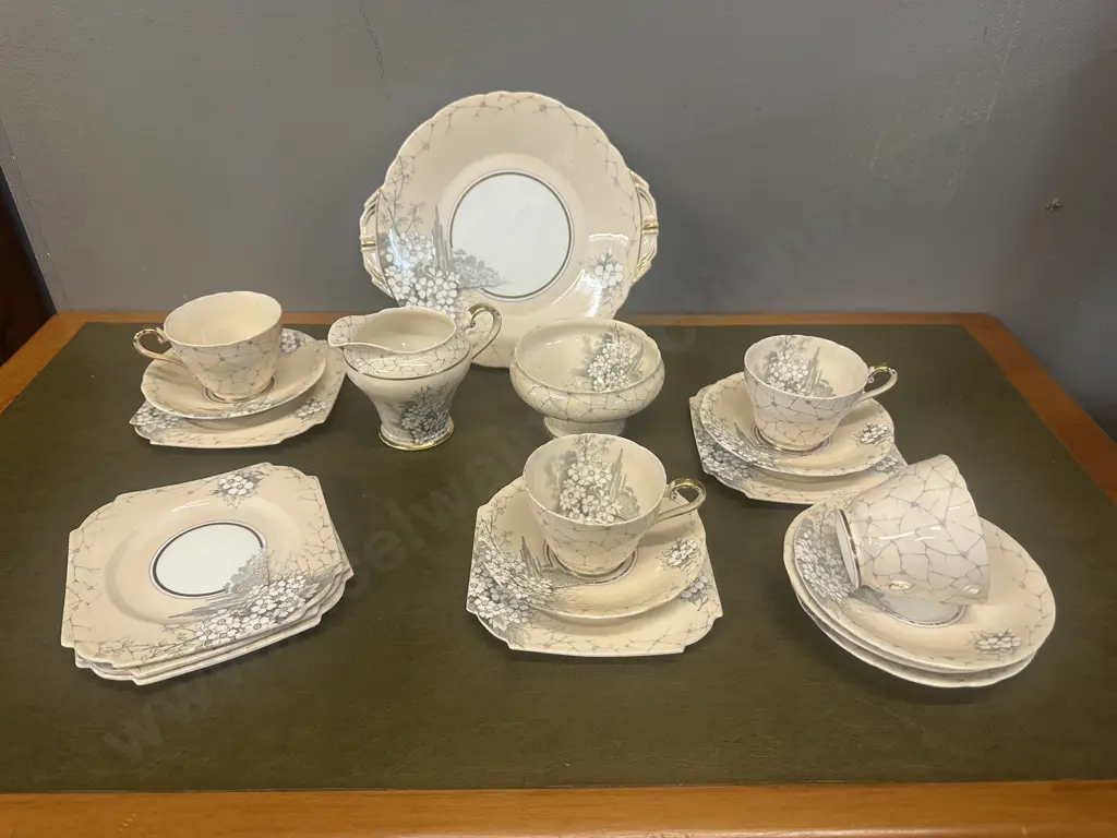 Aynsley Art Deco Grey Flower Patterned Teaware Including Trios x3, Cake Plate, Creamer, Sugar Bowl & Extras (as found) Image 1++