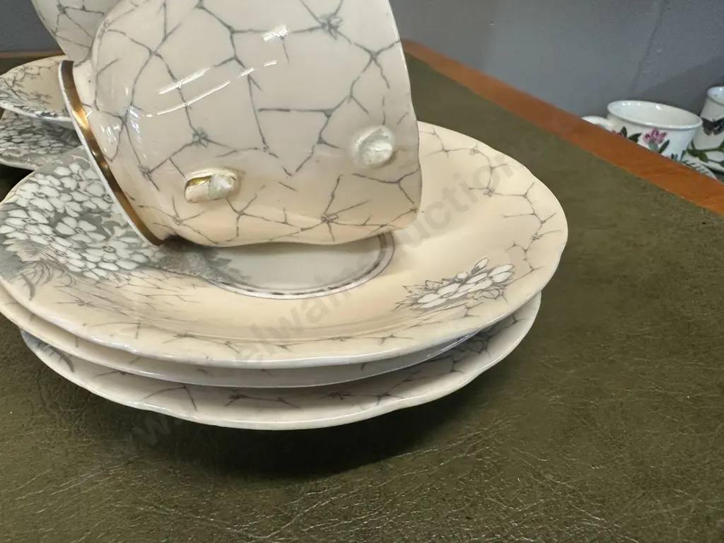 Aynsley Art Deco Grey Flower Patterned Teaware Including Trios x3, Cake Plate, Creamer, Sugar Bowl & Extras (as found) Image 1++