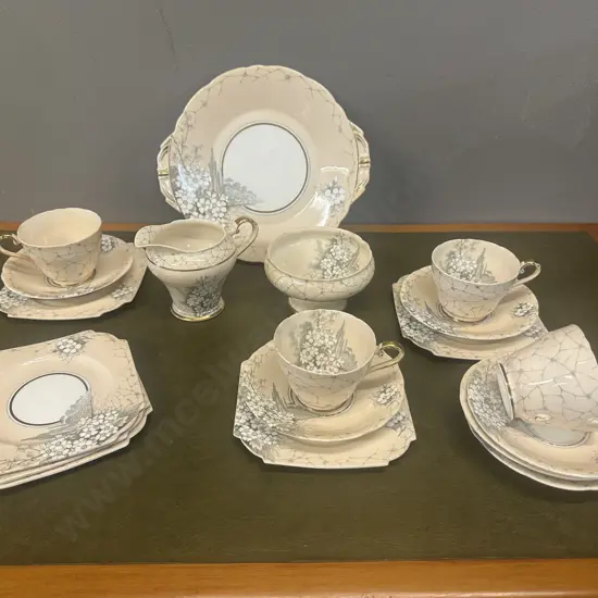Aynsley Art Deco Grey Flower Patterned Teaware Including Trios x3, Cake Plate, Creamer, Sugar Bowl & Extras (as found)