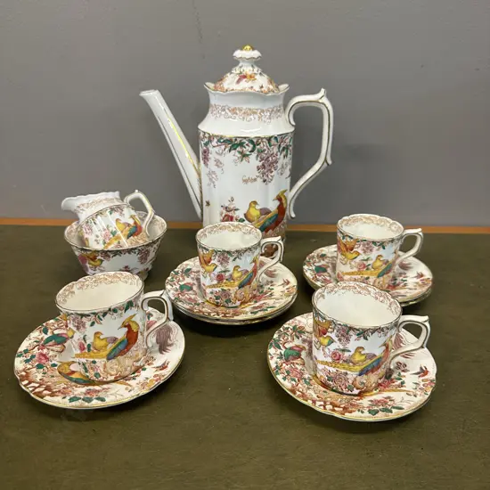 Royal Crown Derby 'Olde Avesbury' Coffee Pot, Demi Tasse Duos x4 Creamer Sugar Bowl & 2 Spare Saucers