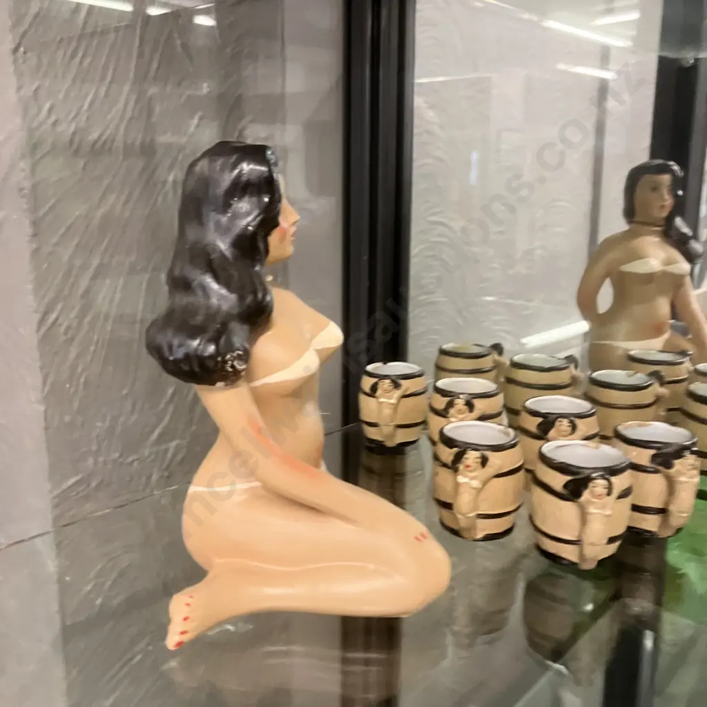 Mid Century Japan Ceramic Lady In Bikini Decanter With Six Small Cups Image 1++