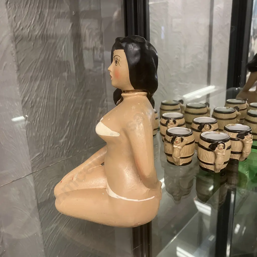 Mid Century Japan Ceramic Lady In Bikini Decanter With Six Small Cups Image 1++