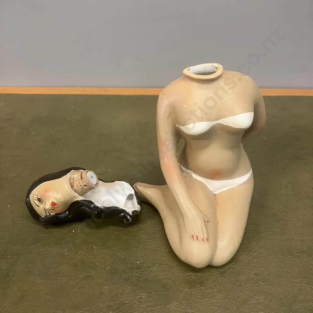 Mid Century Japan Ceramic Lady In Bikini Decanter With Six Small Cups Image 1++