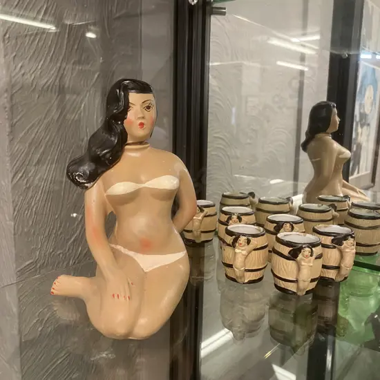 Mid Century Japan Ceramic Lady In Bikini Decanter With Six Small Cups