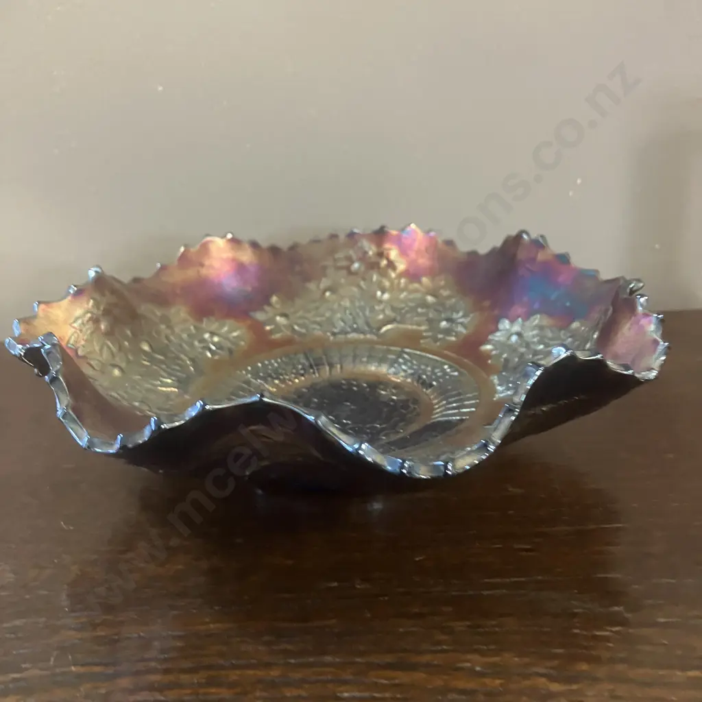 Antique Fenton Orange Tree 8 Ruffled Carnival Glass Bowl In Blue Amethyst (1912-1929). 22.5cm Image 1++