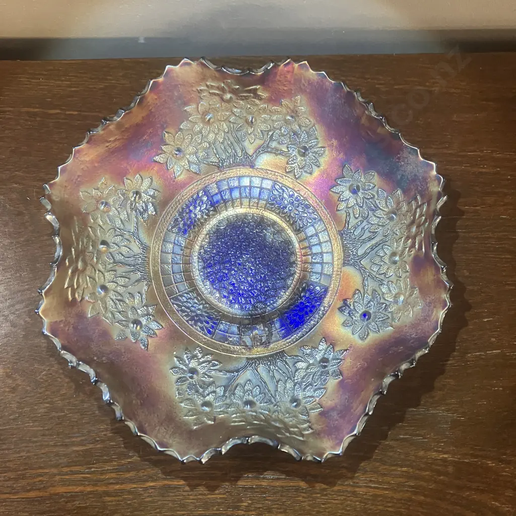 Antique Fenton Orange Tree 8 Ruffled Carnival Glass Bowl In Blue Amethyst (1912-1929). 22.5cm Image 1++
