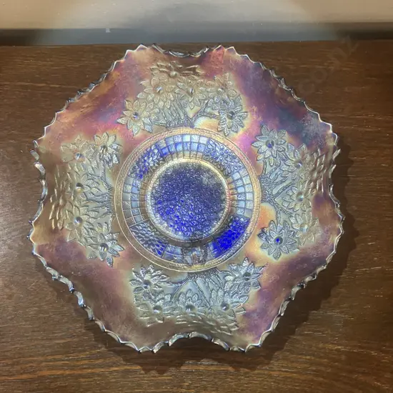 Antique Fenton Orange Tree 8 Ruffled Carnival Glass Bowl In Blue Amethyst (1912-1929). 22.5cm