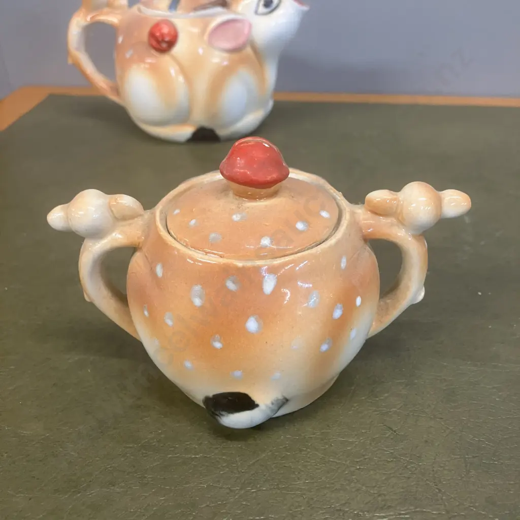 1950s Rudolph Reindeer Christmas Tea Set Includes Teapot, Creamer, Sugar Bowl, Cups & Saucers - 14 Piece Made In Japan Image 1++