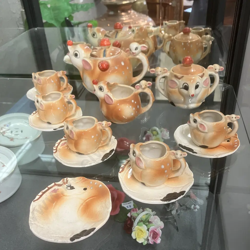 1950s Rudolph Reindeer Christmas Tea Set Includes Teapot, Creamer, Sugar Bowl, Cups & Saucers - 14 Piece Made In Japan Image 1++